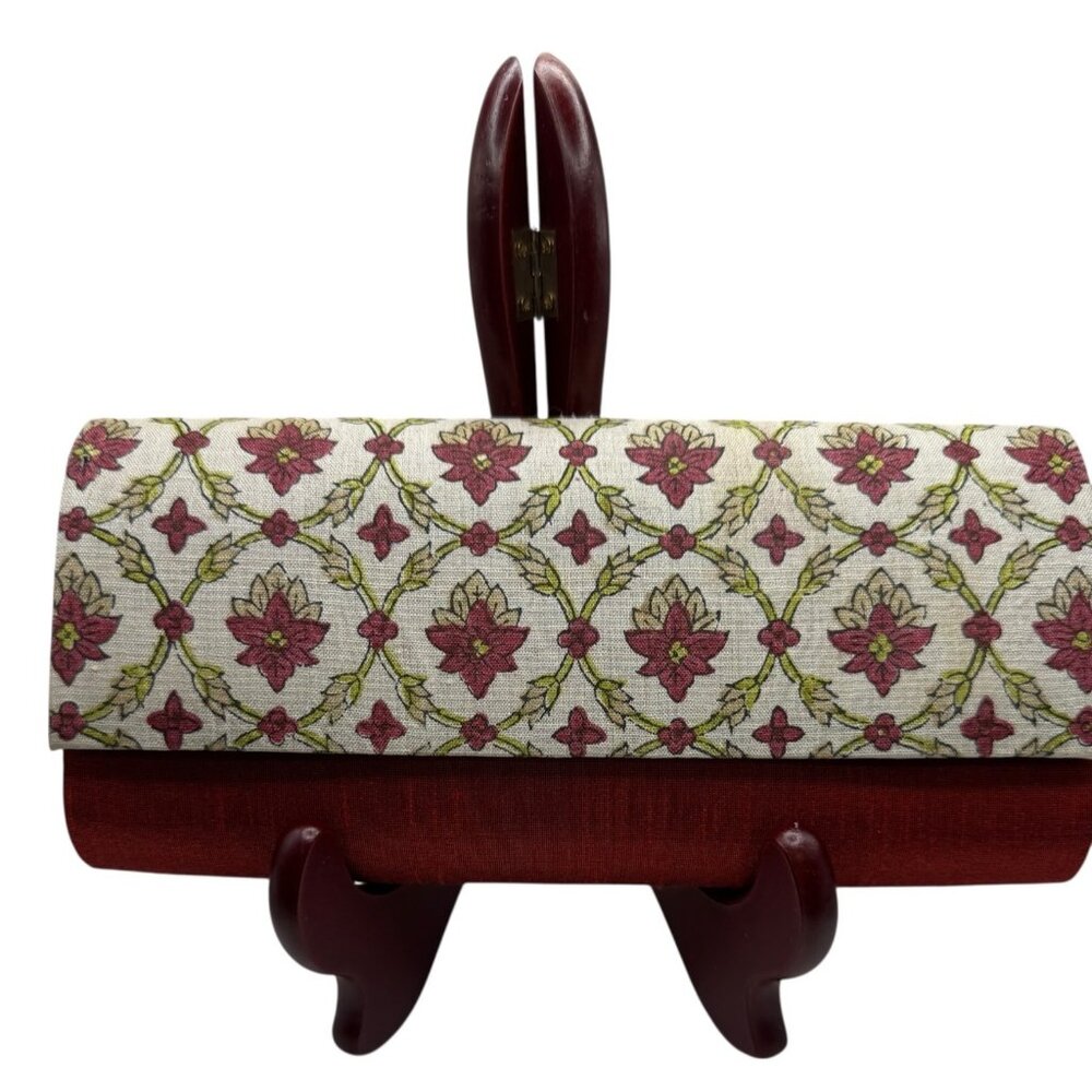 Fabindia Floral Embroidered Red & White Silk Cotton Clutch Bag Accossories